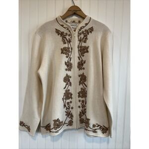 Coldwater Creek 100% lambs wool sweater embroidered brown flowers Cottagecore 1X